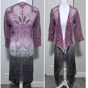 Crochet Pink Gray Ombre Vest Duster Boho Coastal Cowgirl Hippie Festival XS/S